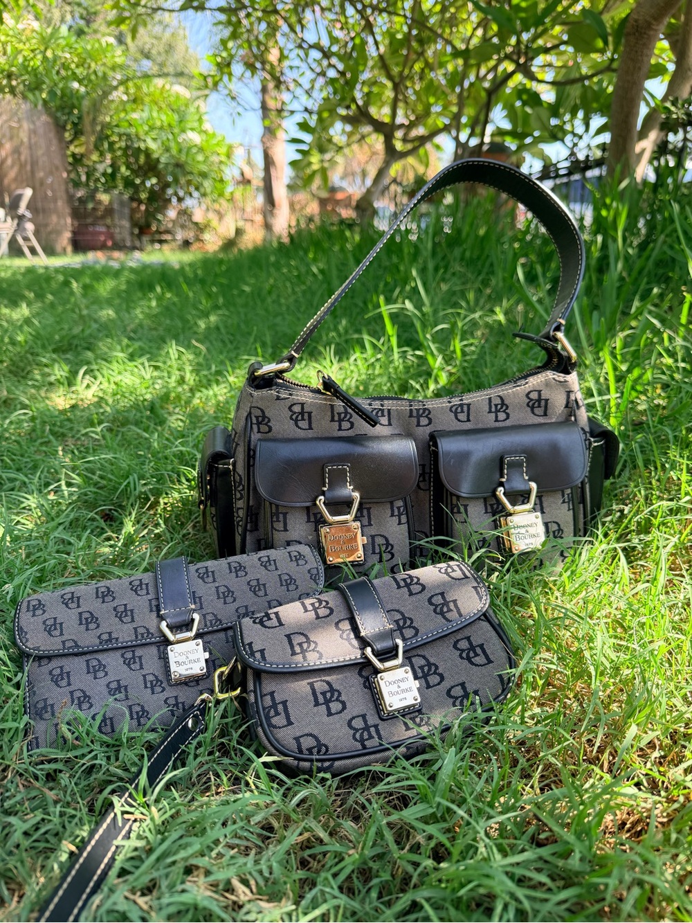 Dooney & Bourke Black/Grey Signature Jacquard Pocket Shoulder Bag